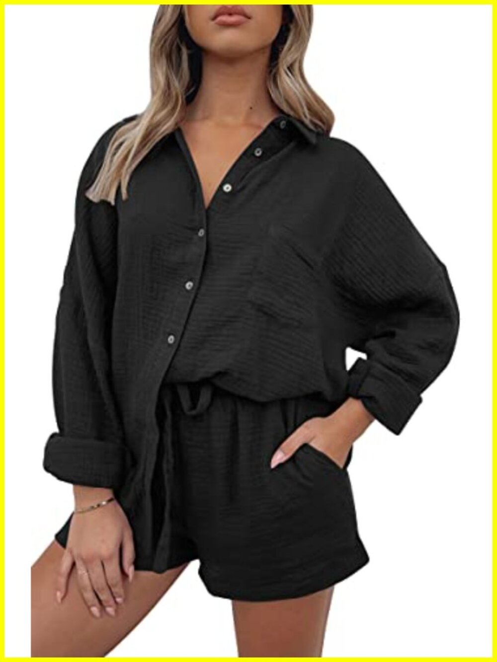 Women's 2 Piece Lounge Set Cotton Matching Outfit Long Sleeve Button Top with